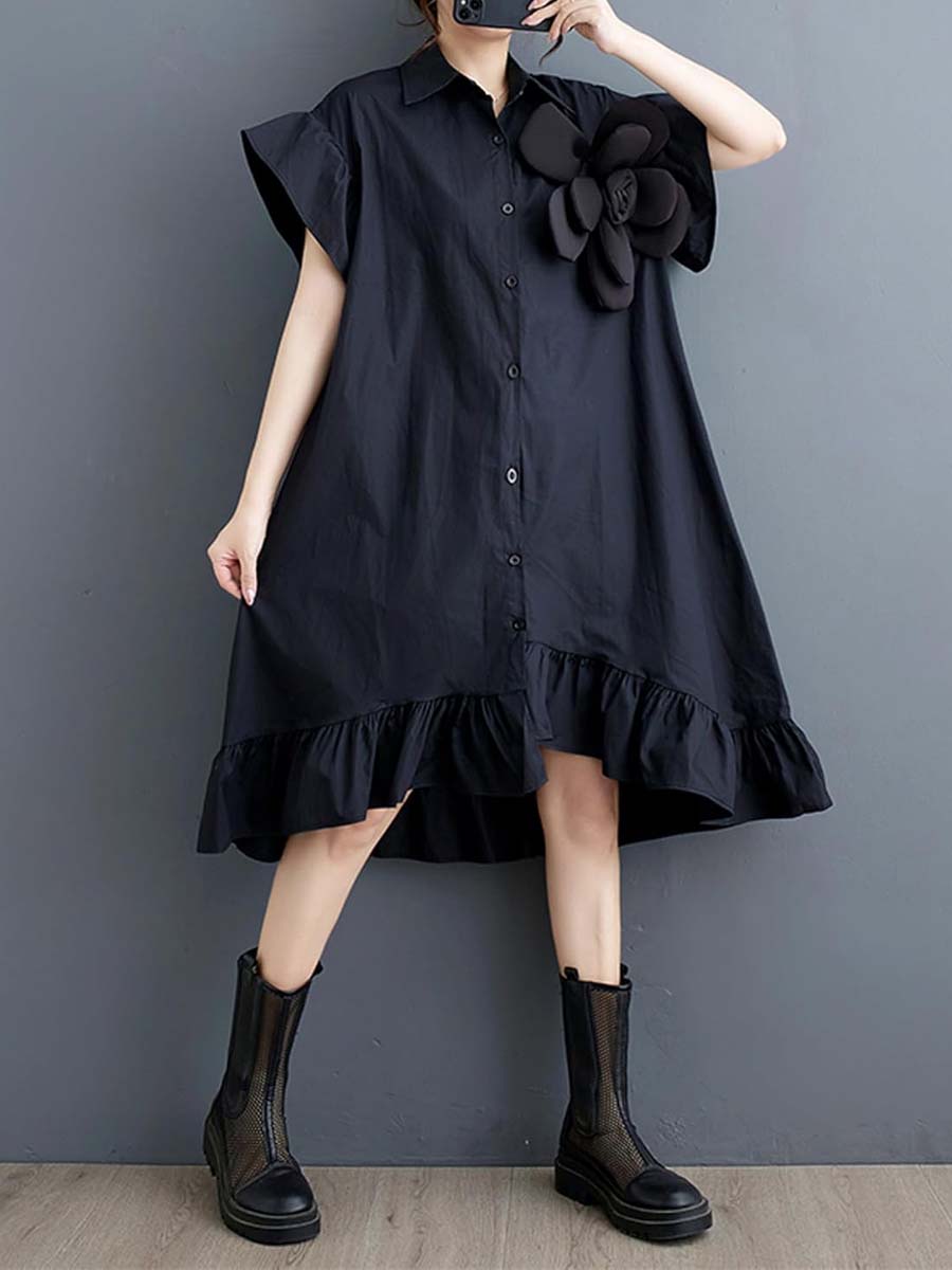 Loose Flounced 3D Flower Shirt Dress