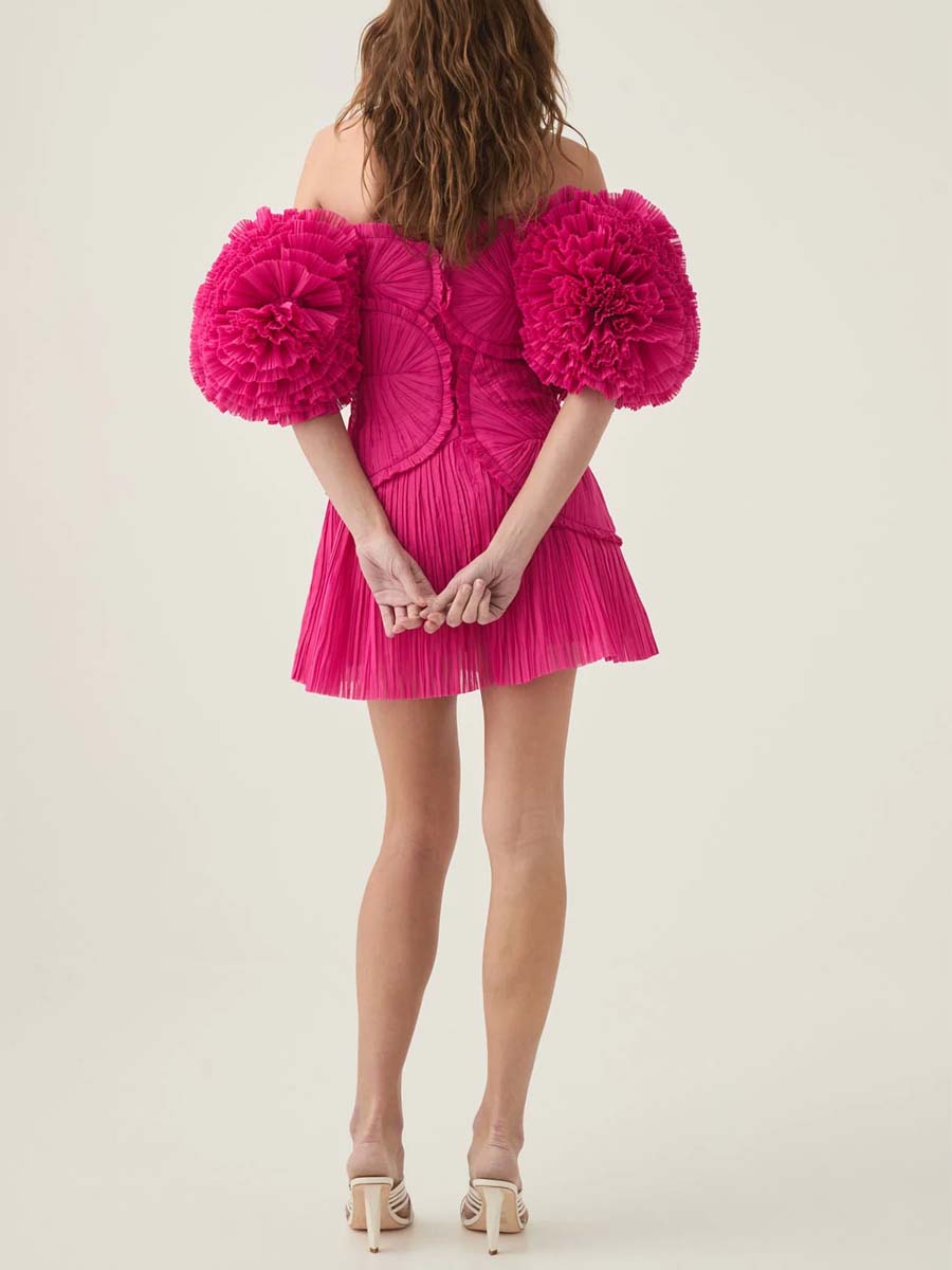 Off Shoulder Puff Sleeve Pleated Dress