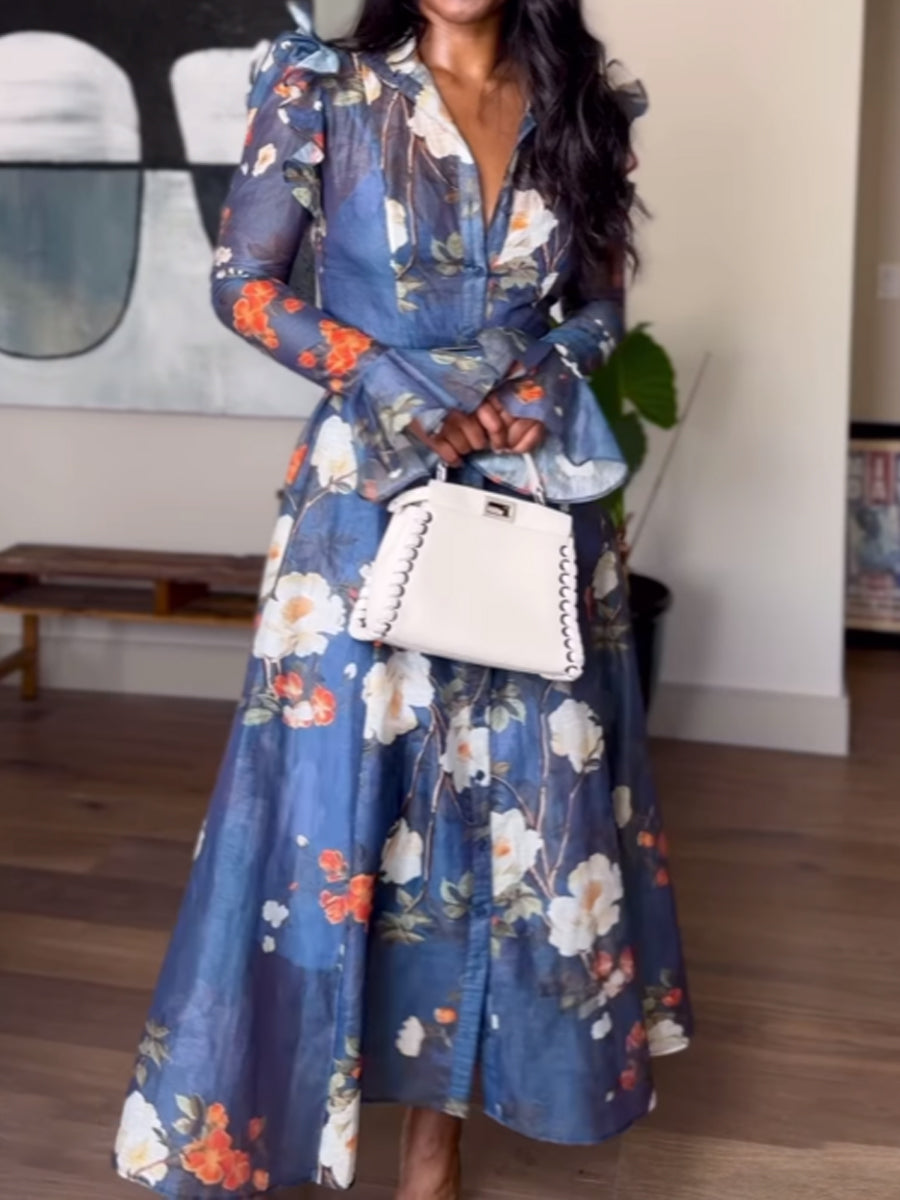 High Collared Neck Printed Ruffled Dress