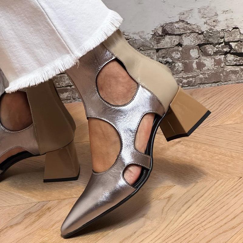 Pointed Block Heel Cutout Ankle Boots