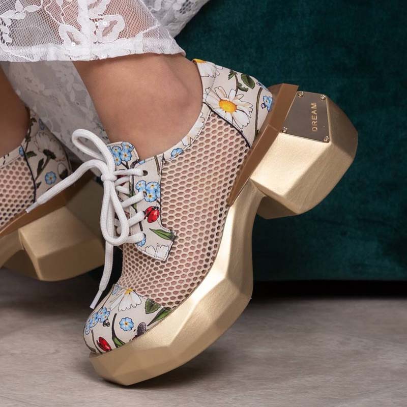 Mesh Cutout Lace-Up Platform Shoes