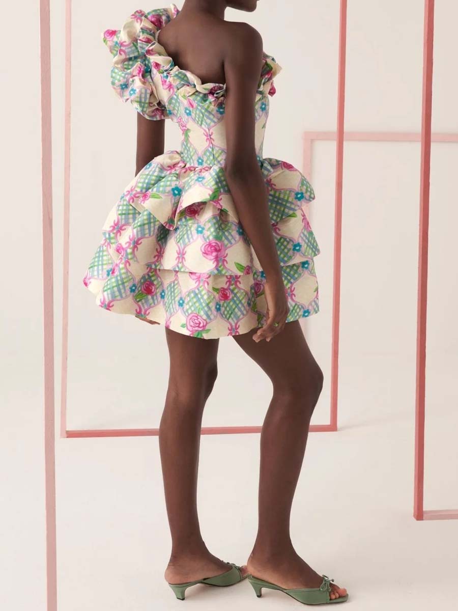 Floral Print Ruffled One-sleeve Dress