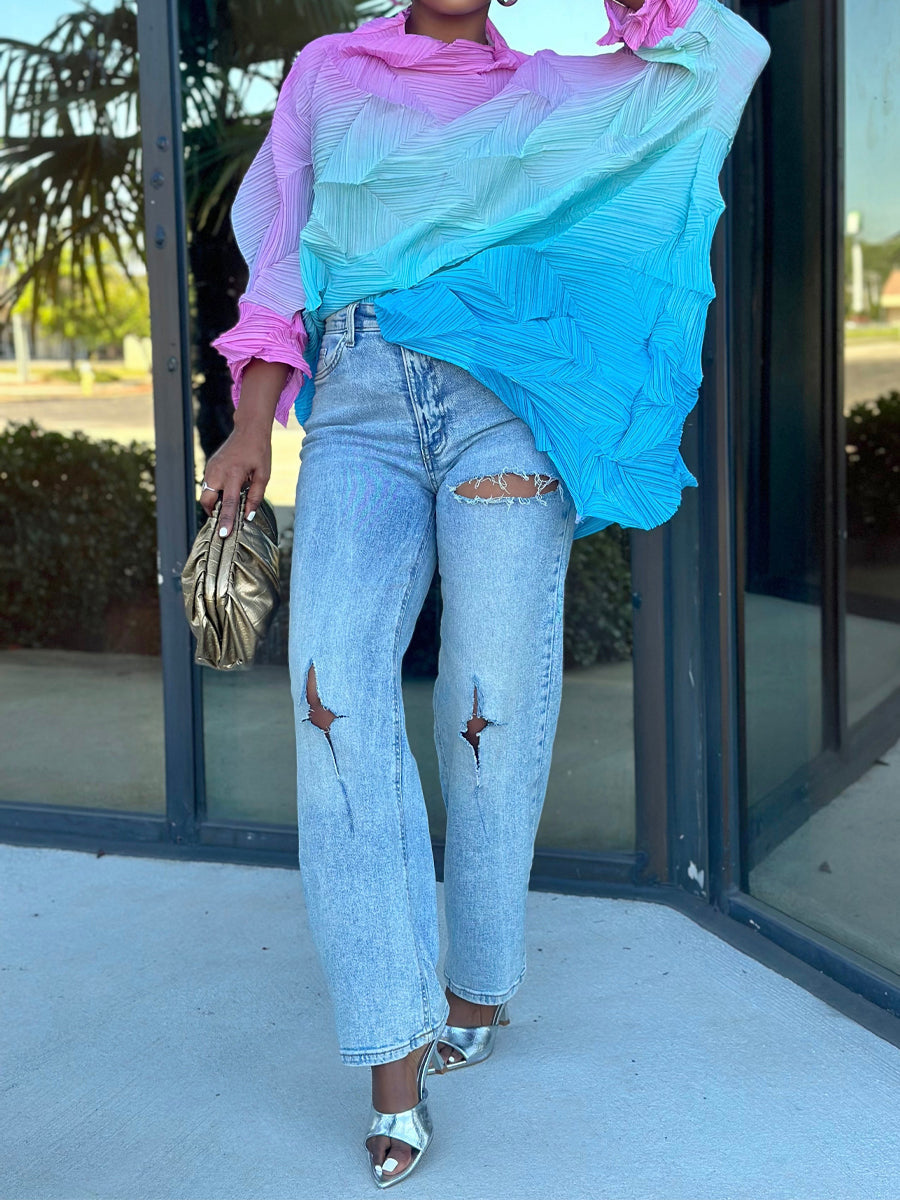 Pleated Multi-color Quarter Length Sleeve Dress