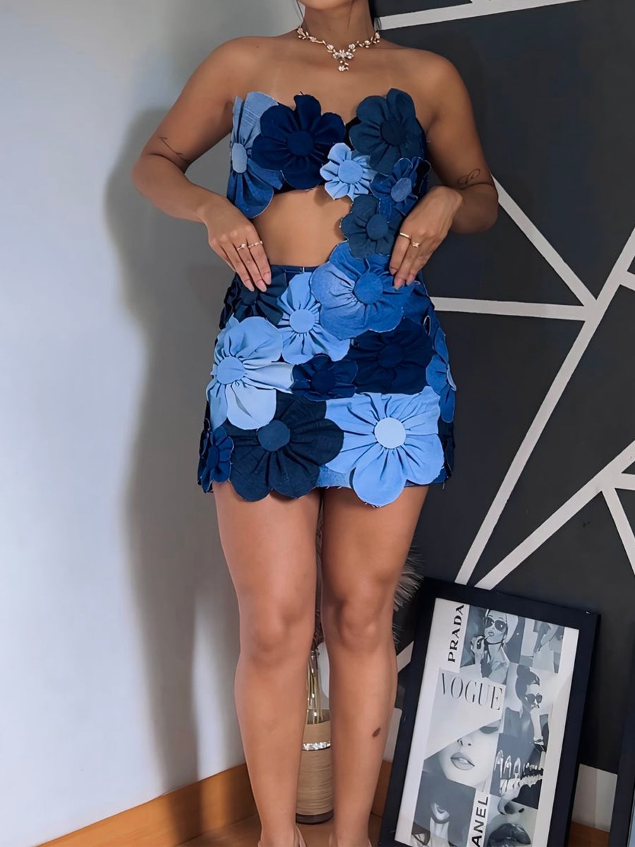 3D Flower Denim Strapped Mini Dress