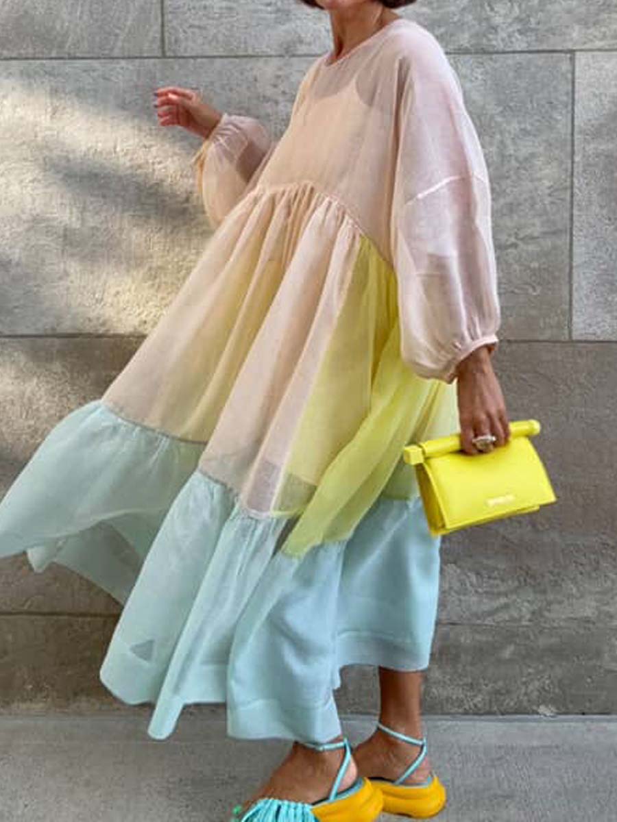 Loose Color Block See-through Dress