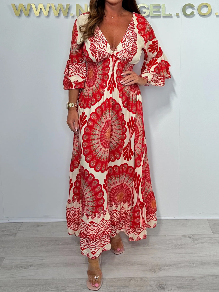 Print V-Neck Smocked Waist Bell Sleeve Dress