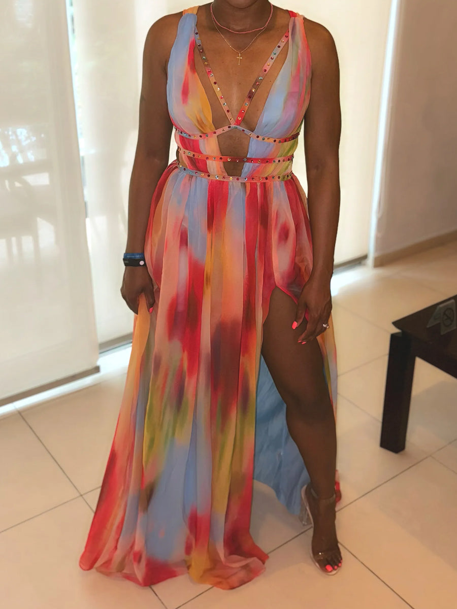Deep V Neck Printed Cutout Maxi Dress