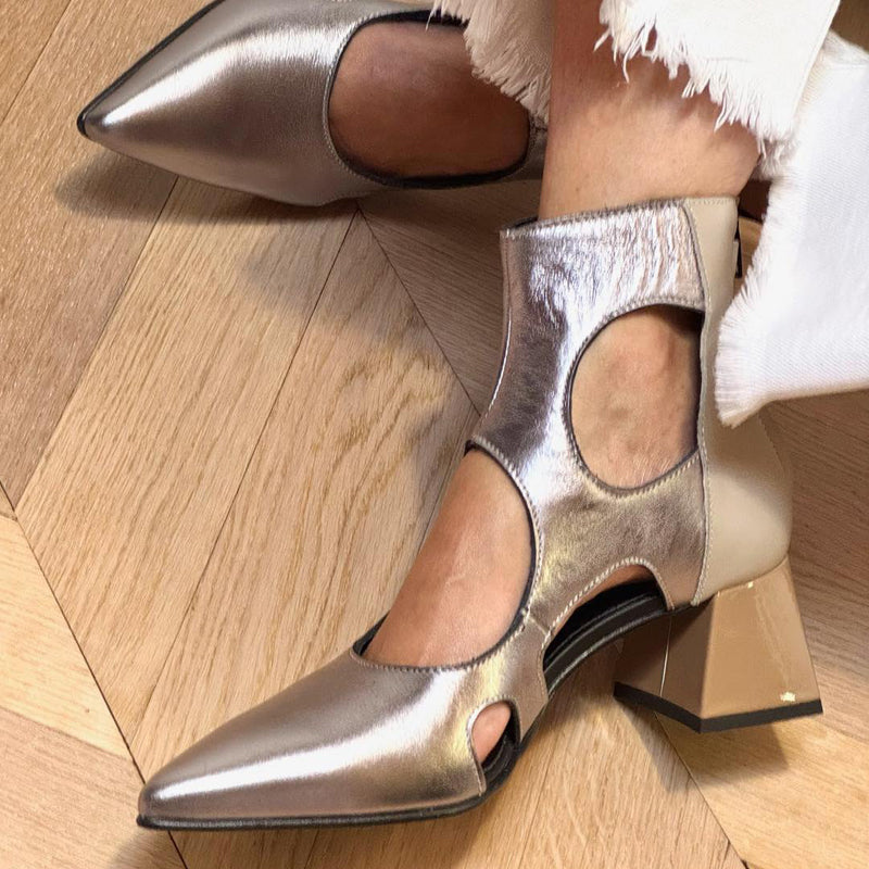 Pointed Block Heel Cutout Ankle Boots