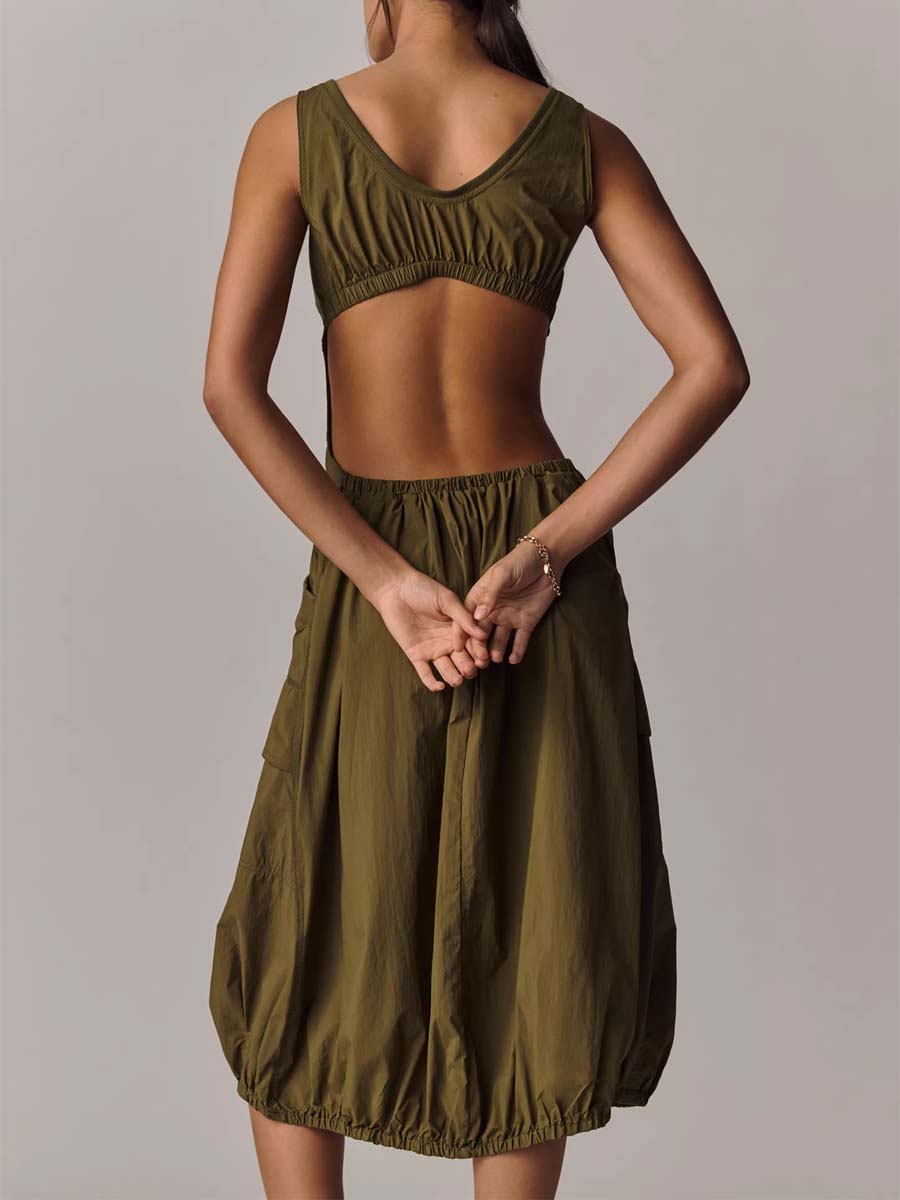 Scoop Neck Pockets Bubble-hem Midi Dress