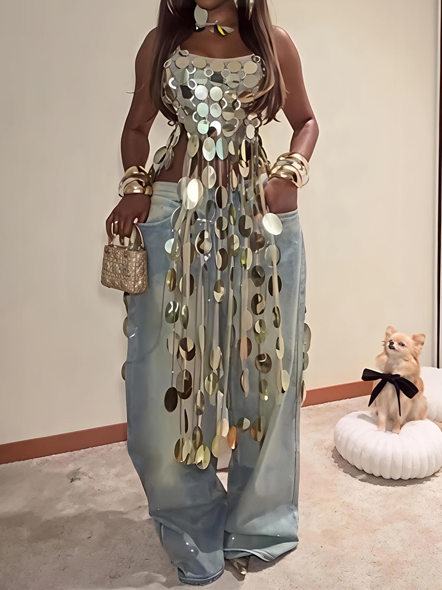 3D Fringe Hem Sequin Top