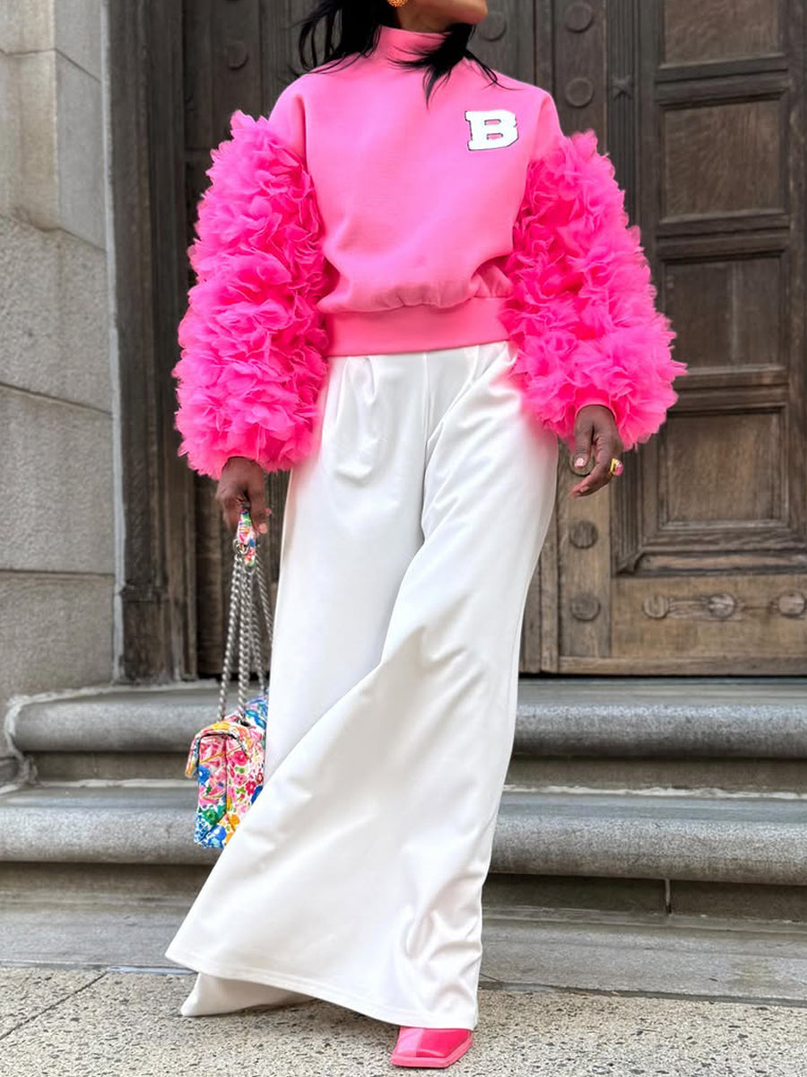 High Mock Neck Ruffle Sleeve Sweatshirt