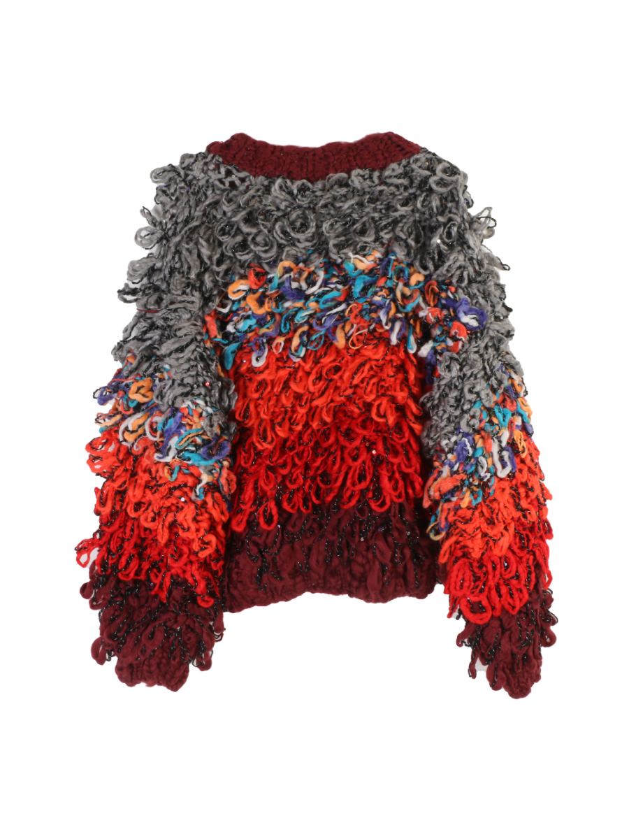 V-Neck Contrast Fringe Sweater Coat