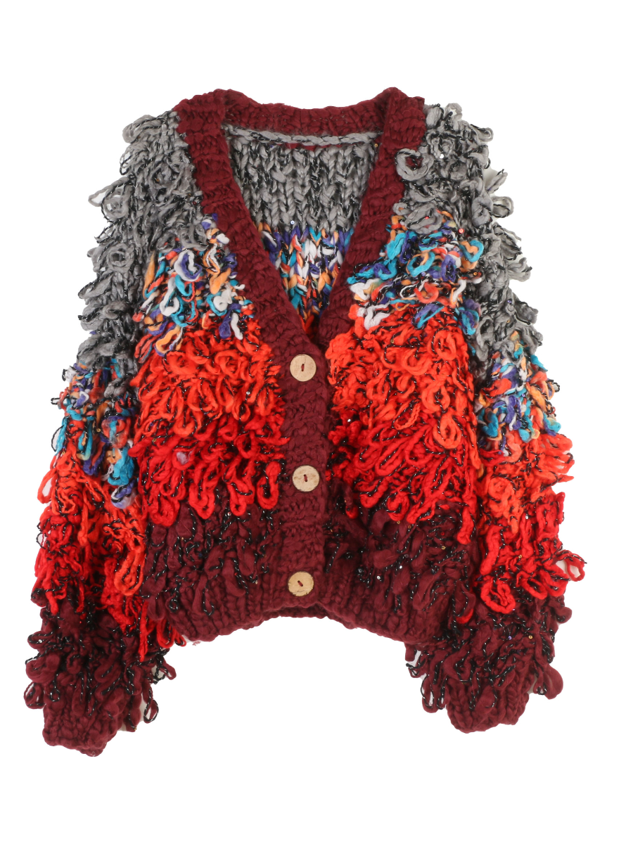 V-Neck Contrast Fringe Sweater Coat