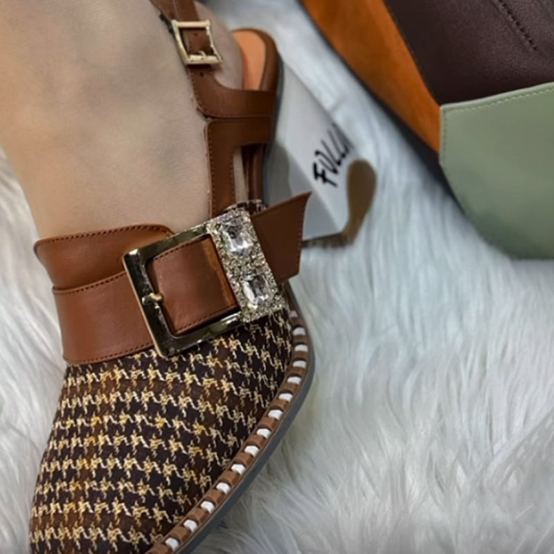 Houndstooth Print Square-Heeled Shoes