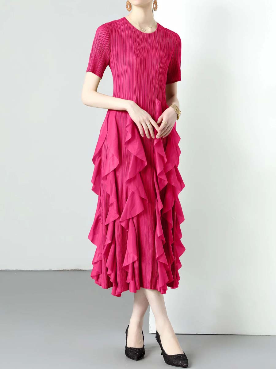 Ruffled Edges Round Neck High Waist Dress