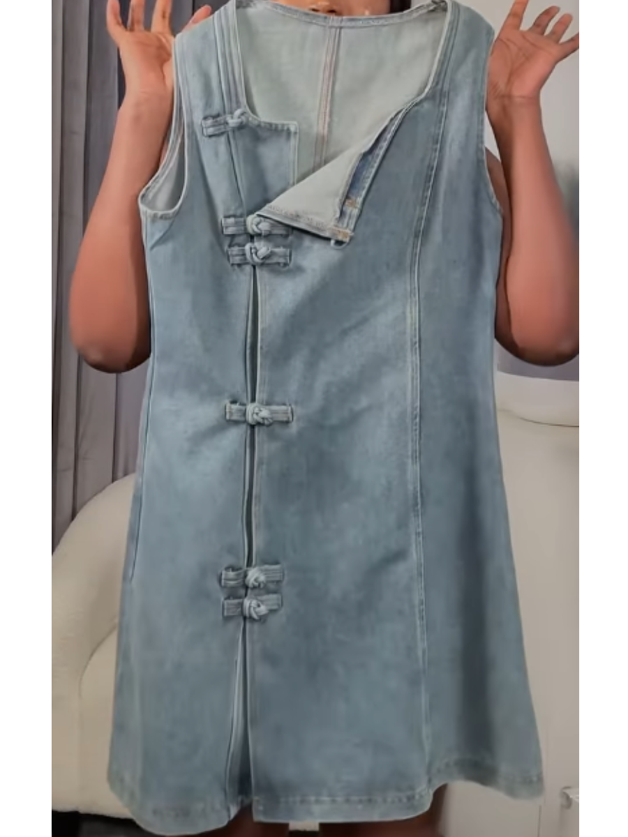 Square Collar Washed Denim Dress