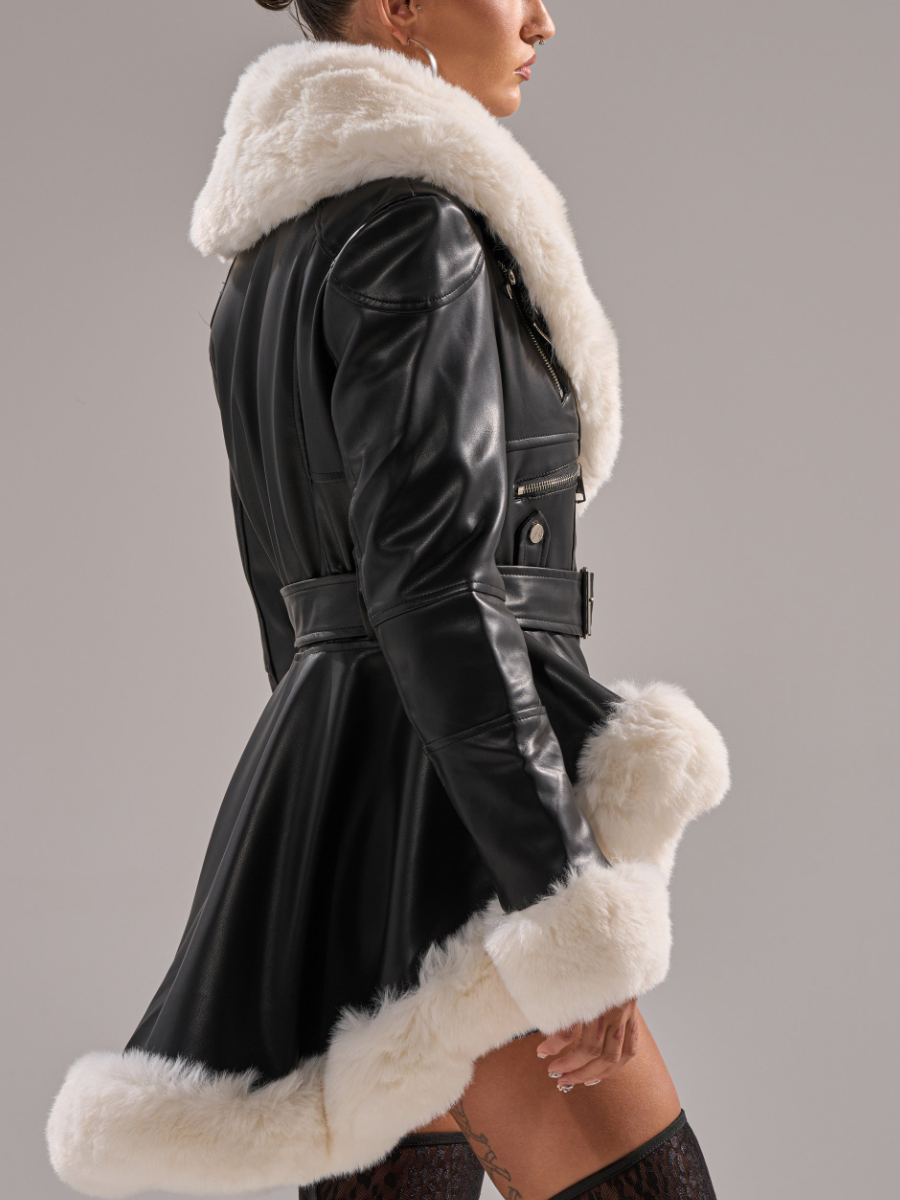 Faux Leather Removeable Faux Fur Collar Coat