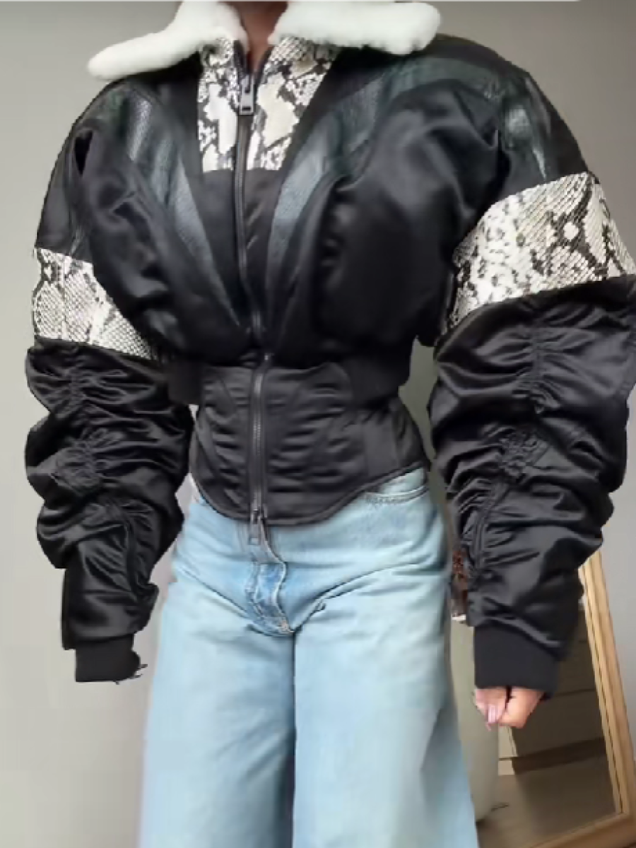 Snake-Embossed Leather Short Coat