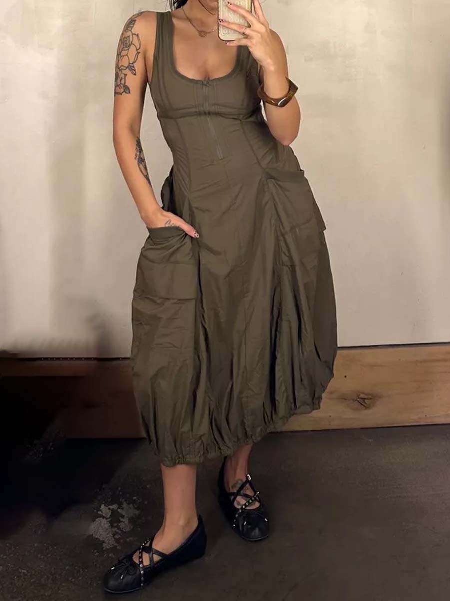 Scoop Neck Pockets Bubble-hem Midi Dress