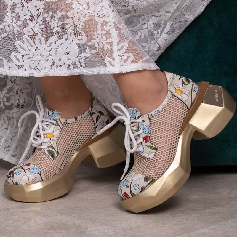 Mesh Cutout Lace-Up Platform Shoes