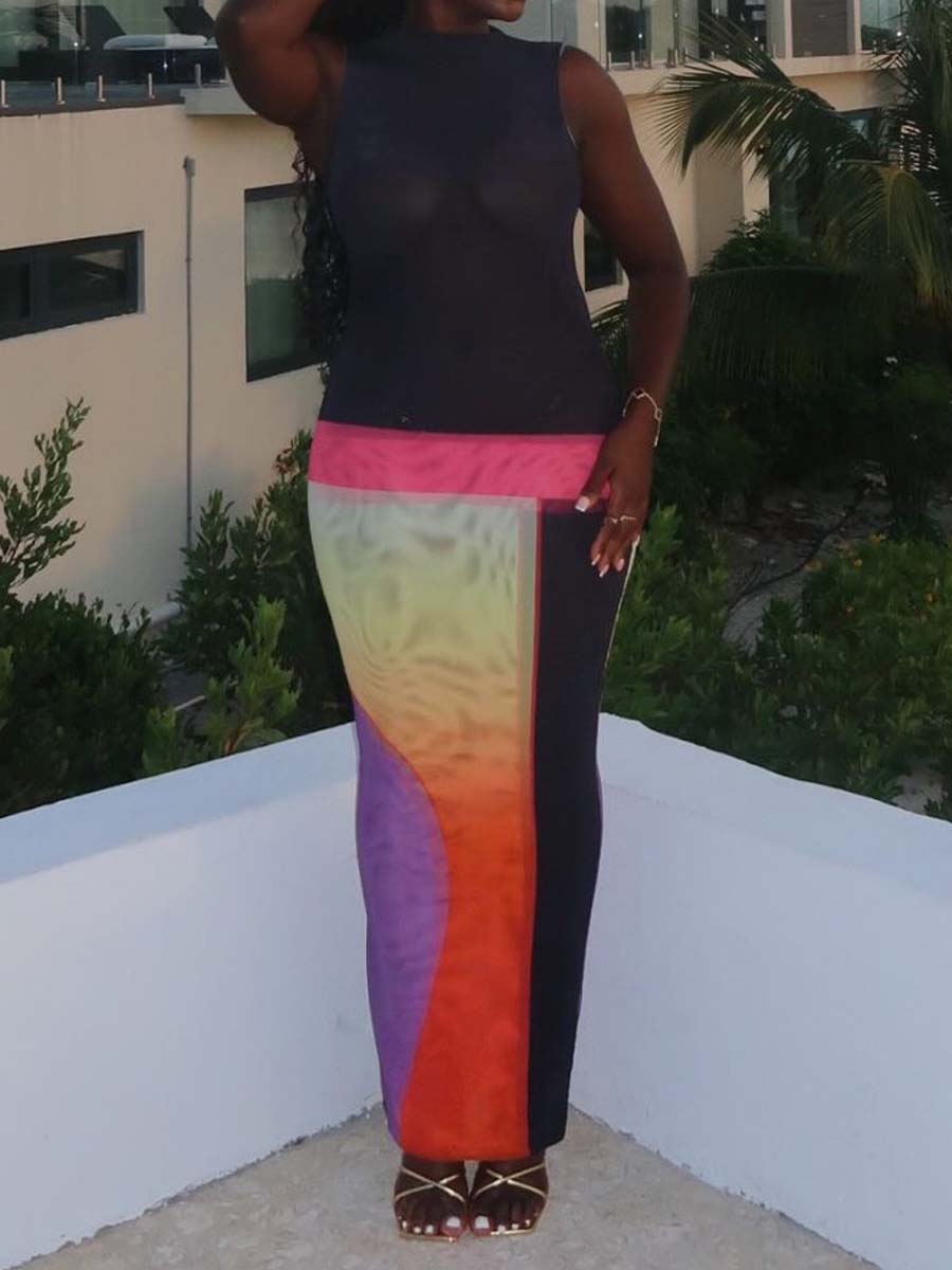 Sleeveless Color Block Maxi Dress