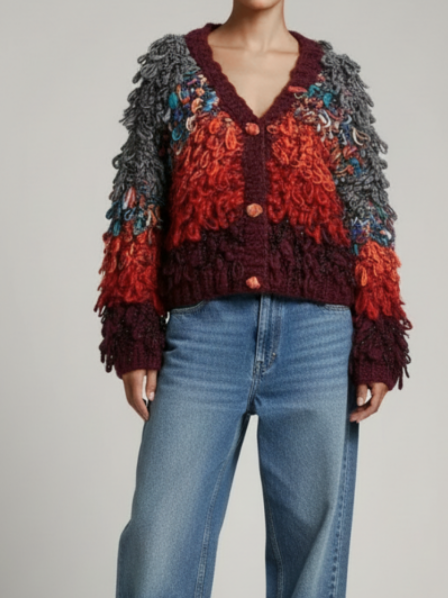 V-Neck Contrast Fringe Sweater Coat