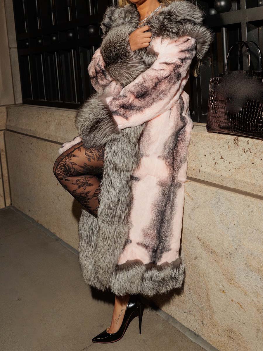 Elegant Color Block Belted Faux Fur Coat