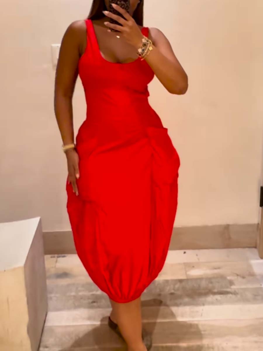 Scoop Neck Pockets Bubble-hem Midi Dress