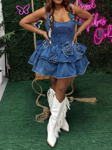 Adorable Flower Denim Dress