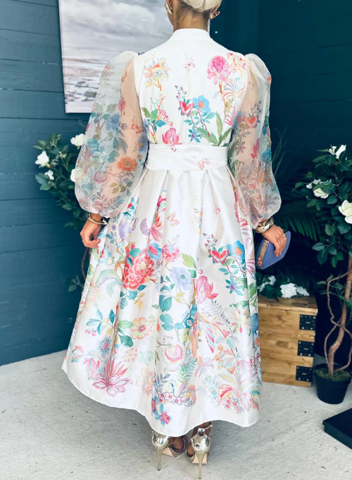 Mesh Lantern Sleeve Printed Dress