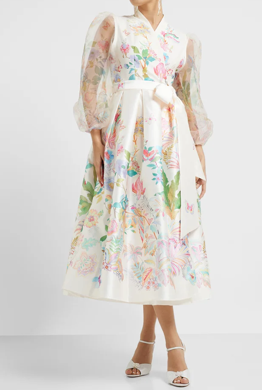 Mesh Lantern Sleeve Printed Dress