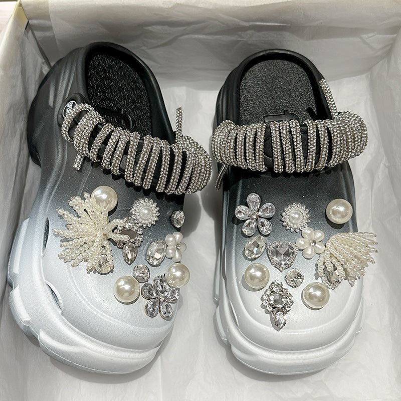 Pearl Rhinestone Chain Platform Hole Shoes Slippers