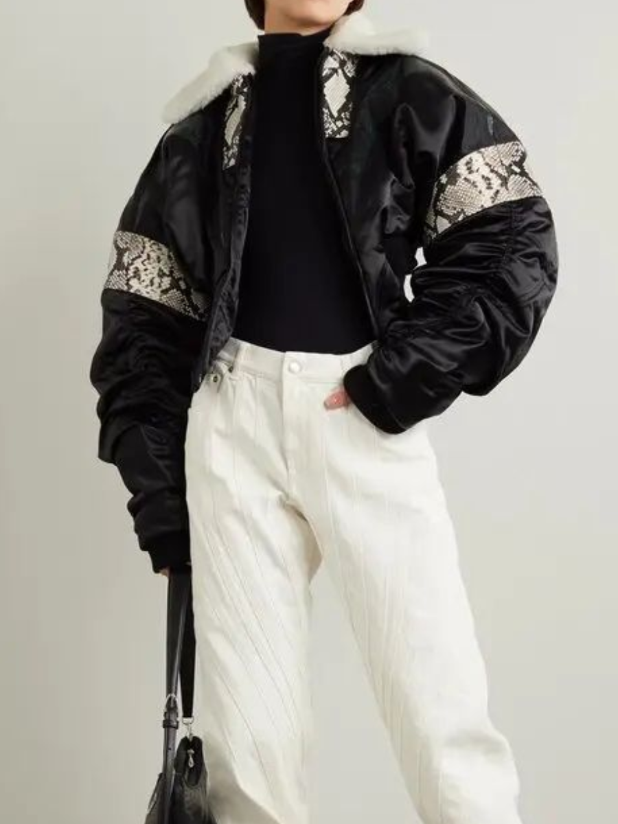 Snake-Embossed Leather Short Coat