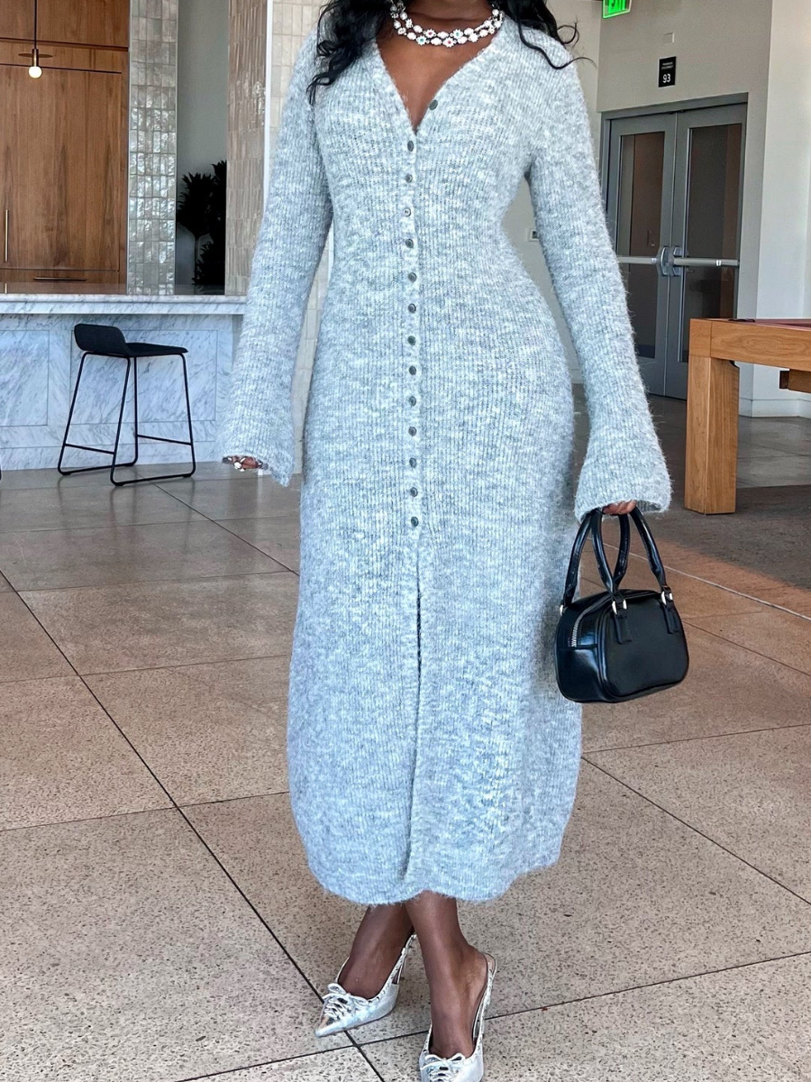 V-Neck Knit Buttoned Dress