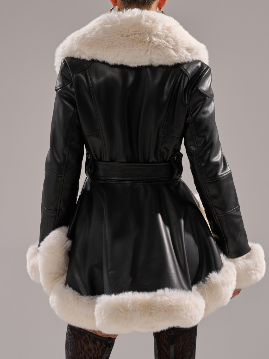 Faux Leather Removeable Faux Fur Collar Coat